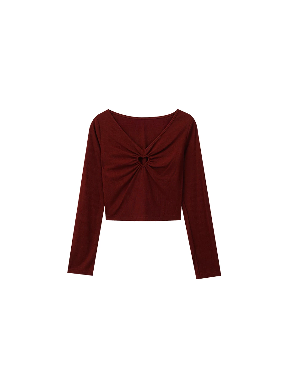 V Neck Heart Cut Out Ribbed Knit Long Sleeve Top