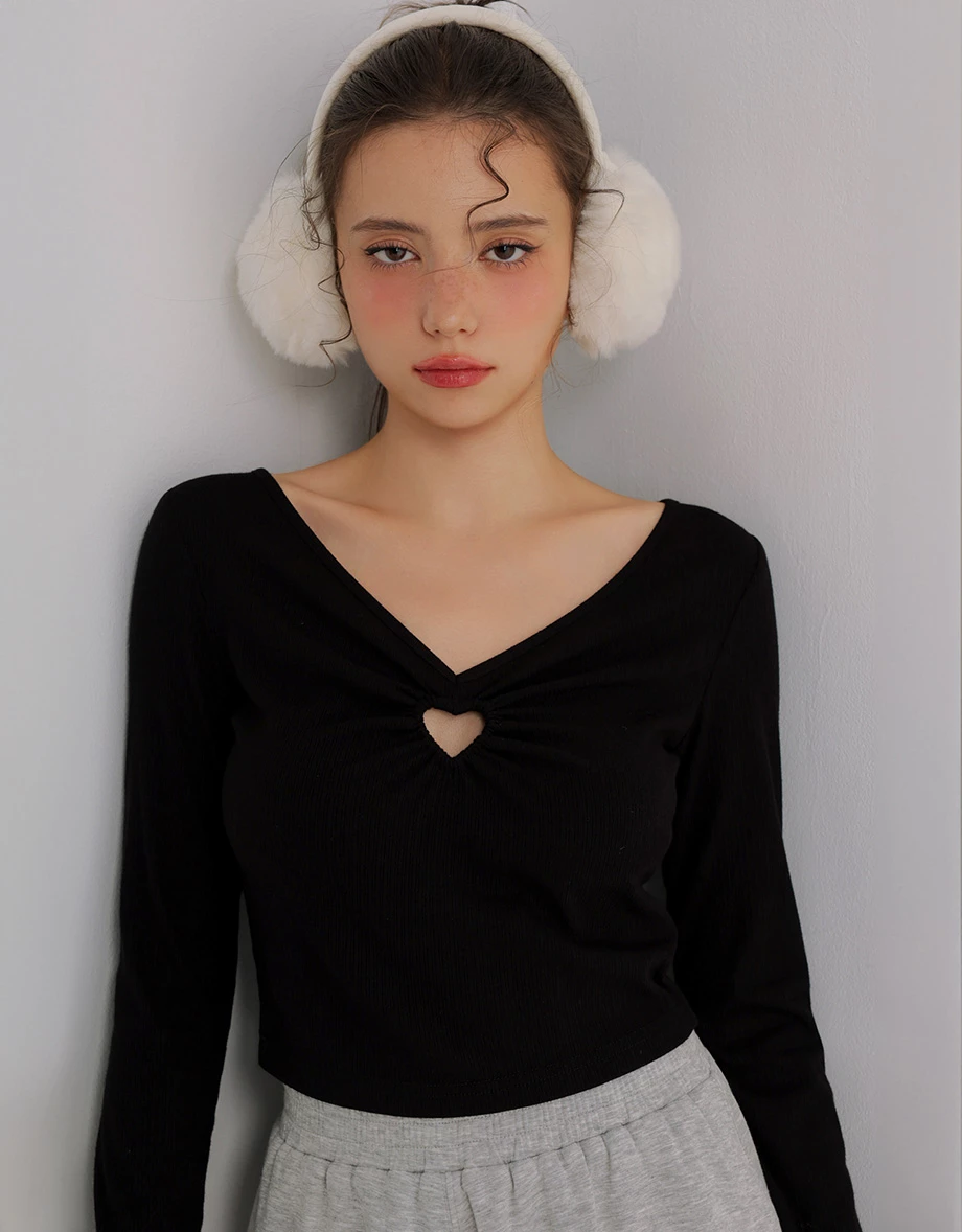 V Neck Heart Cut Out Ribbed Knit Long Sleeve Top