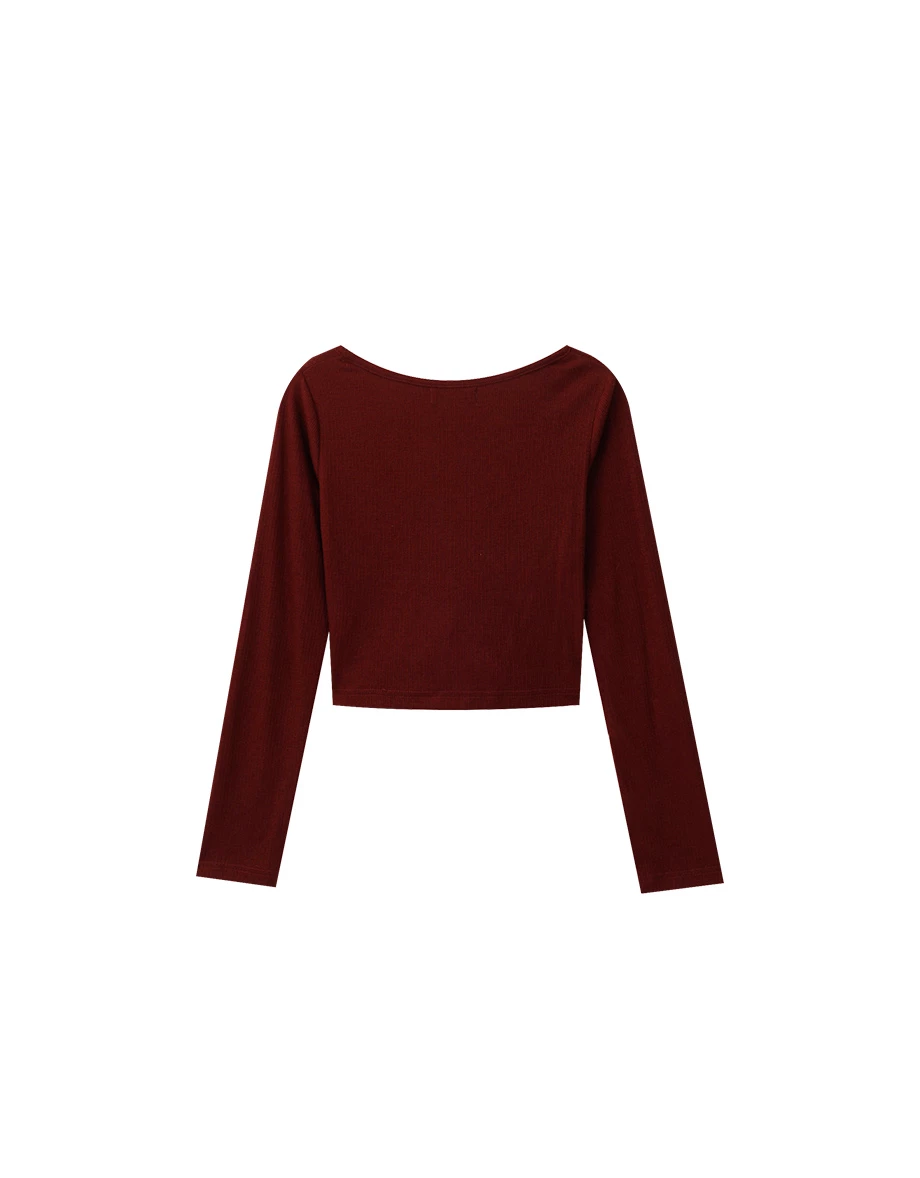 V Neck Heart Cut Out Ribbed Knit Long Sleeve Top