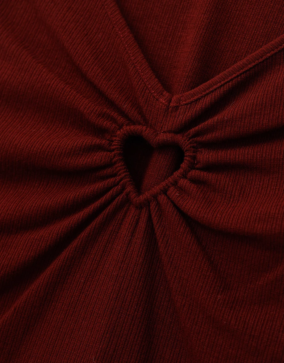 V Neck Heart Cut Out Ribbed Knit Long Sleeve Top