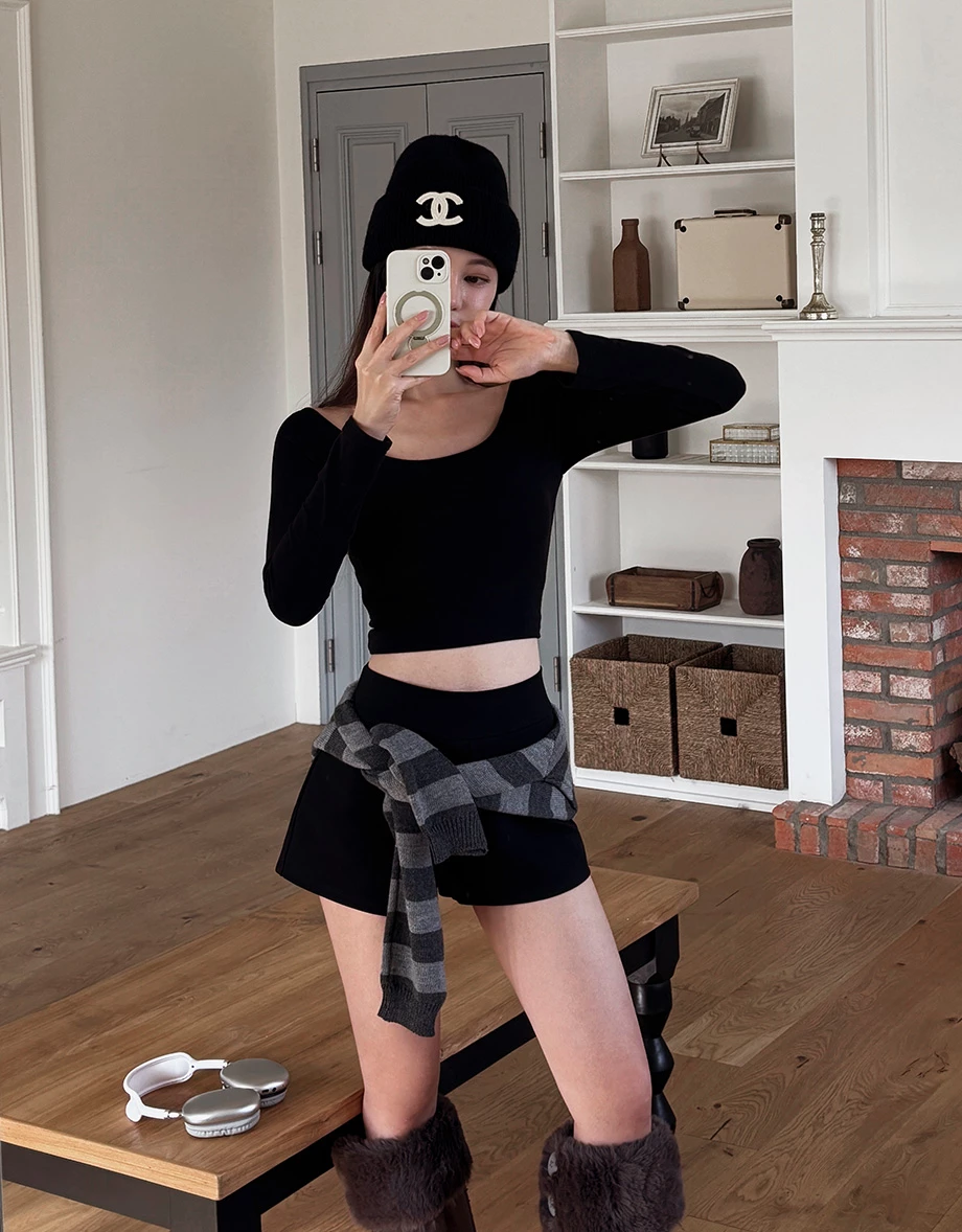 Heat Tech Collection Off Shoulder Long Sleeve Fitted Knit Crop Padded Bra Top