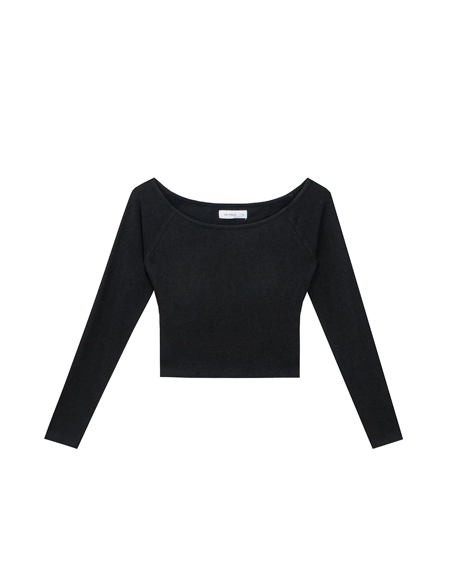 Heat Tech Collection Off Shoulder Long Sleeve Fitted Knit Crop Padded Bra Top
