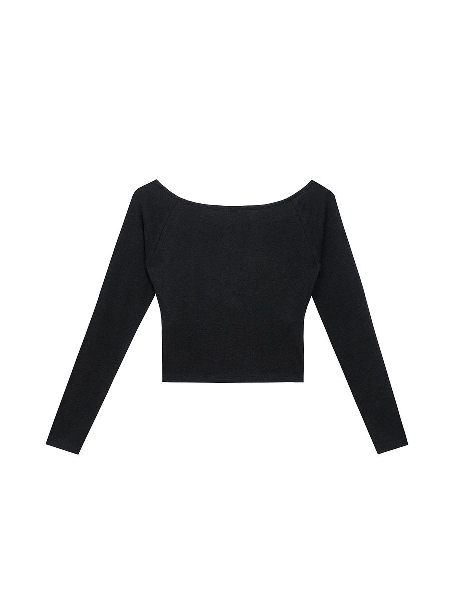 Heat Tech Collection Off Shoulder Long Sleeve Fitted Knit Crop Padded Bra Top