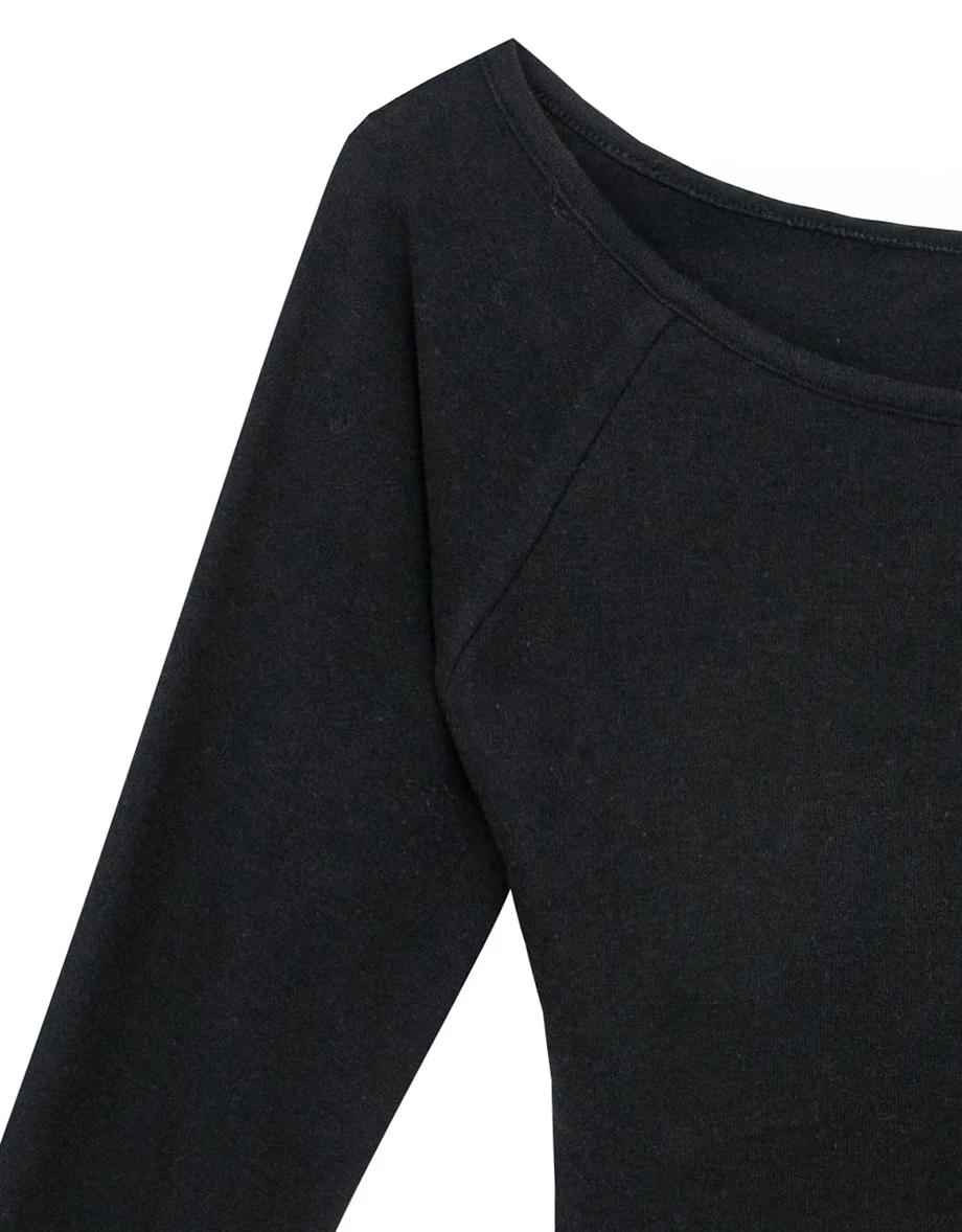 Heat Tech Collection Off Shoulder Long Sleeve Fitted Knit Crop Padded Bra Top