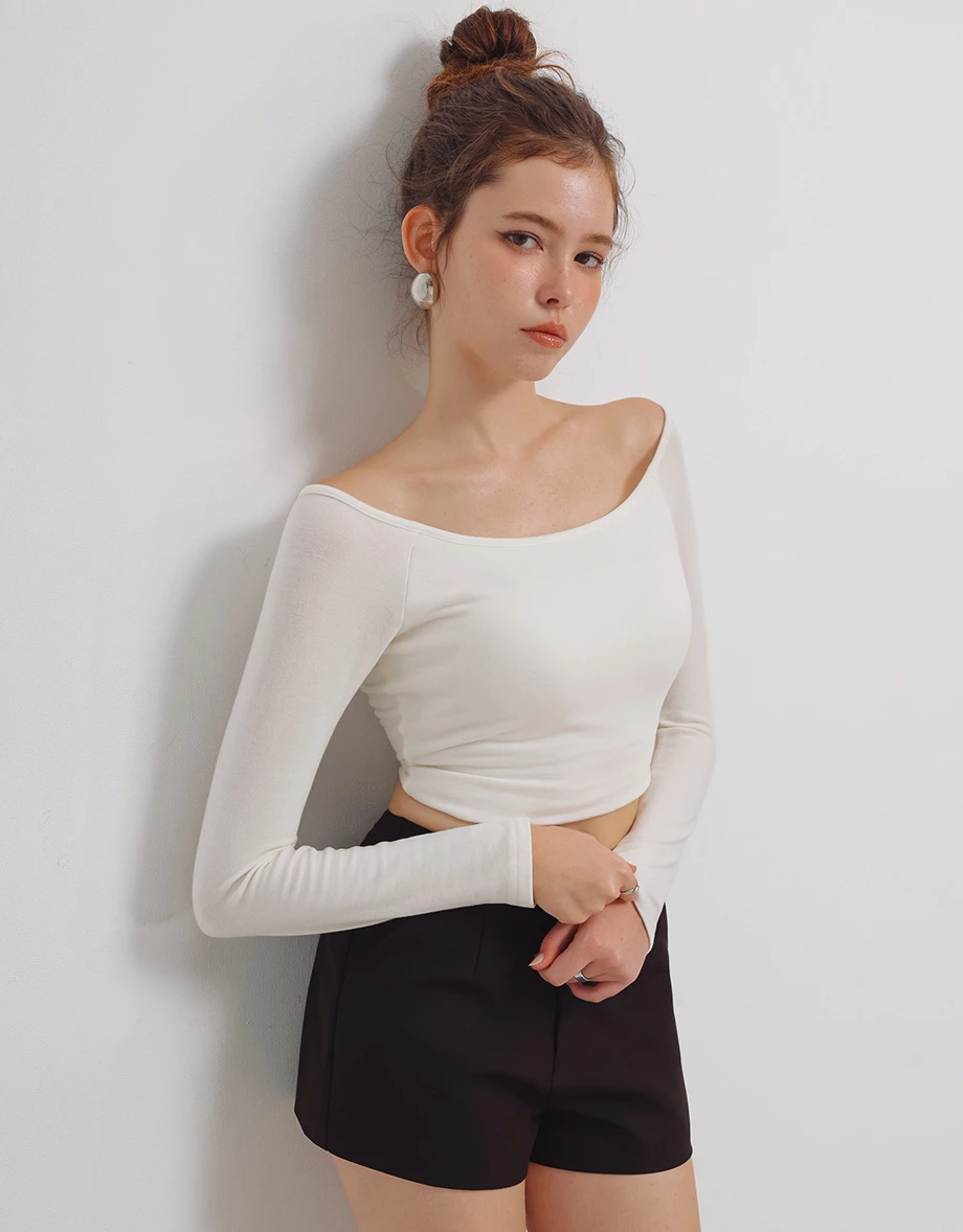 Heat Tech Collection Off Shoulder Long Sleeve Fitted Knit Crop Padded Bra Top
