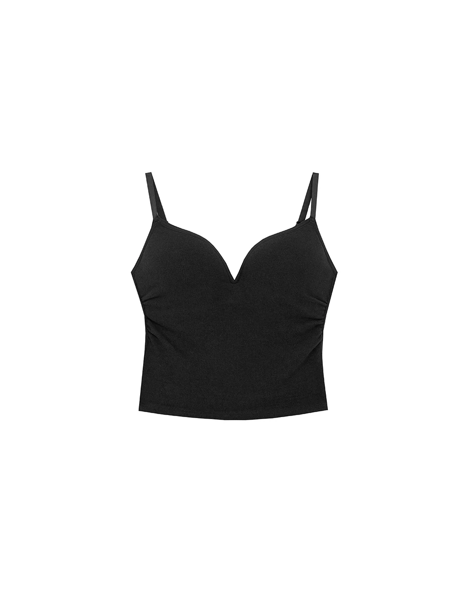 Heat Tech Collection V Neck Side Ruched Spaghetti Strap Crop Padded Bra Top