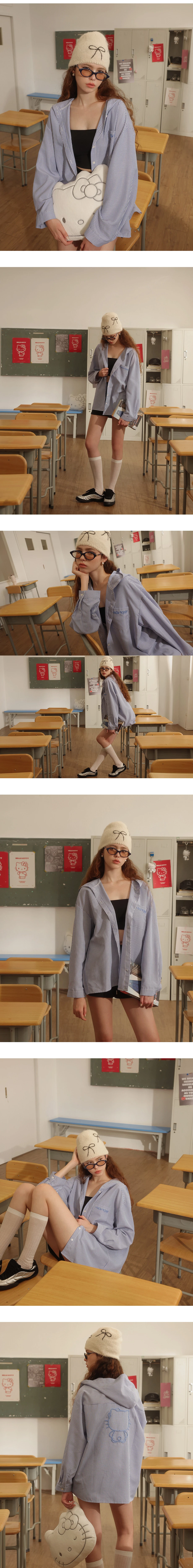 【SANRIO Collab】Hello Kitty Striped Button Up Hooded Shirt Blouse