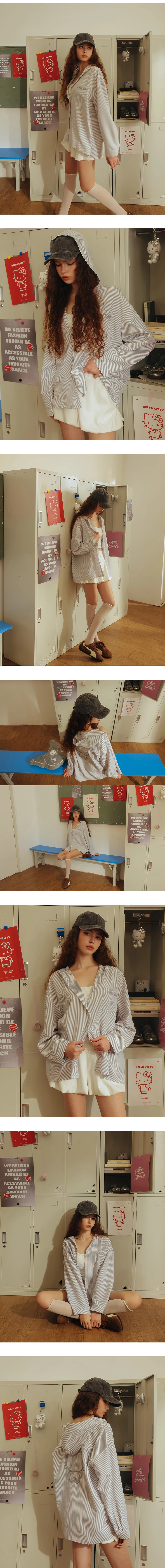 【SANRIO Collab】Hello Kitty Striped Button Up Hooded Shirt Blouse
