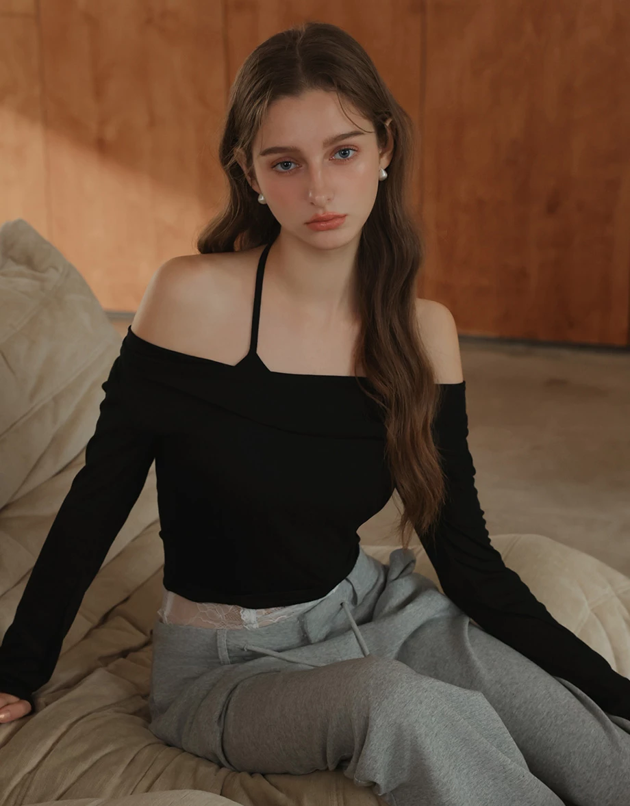 Faux 2 Piece Draped Off Shoulder Long Sleeve Top Faux 2 Piece Draped Off Shoulder Long Sleeve Top