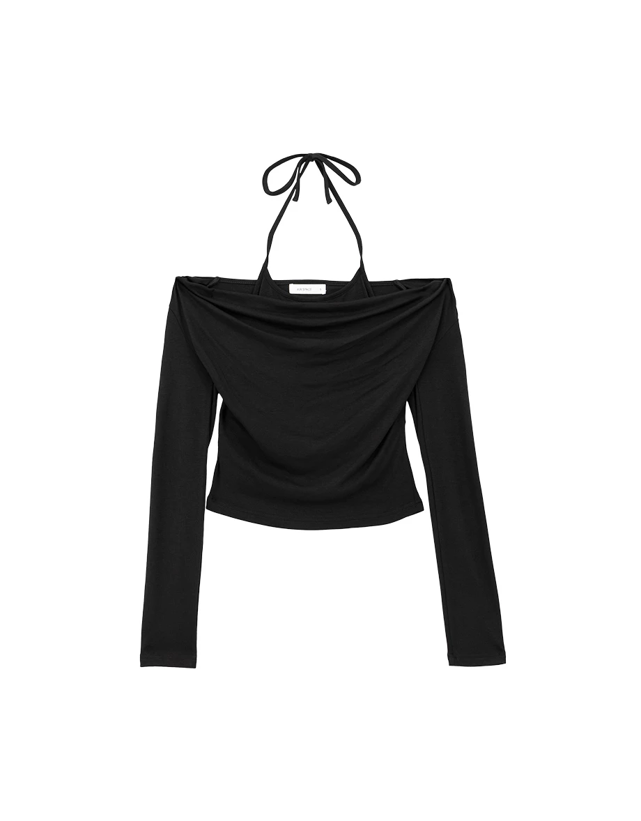 Faux 2 Piece Draped Off Shoulder Long Sleeve Top Faux 2 Piece Draped Off Shoulder Long Sleeve Top