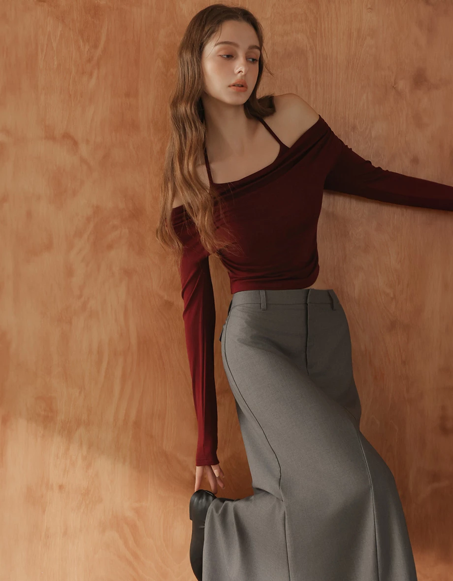 Faux 2 Piece Draped Off Shoulder Long Sleeve Top Faux 2 Piece Draped Off Shoulder Long Sleeve Top