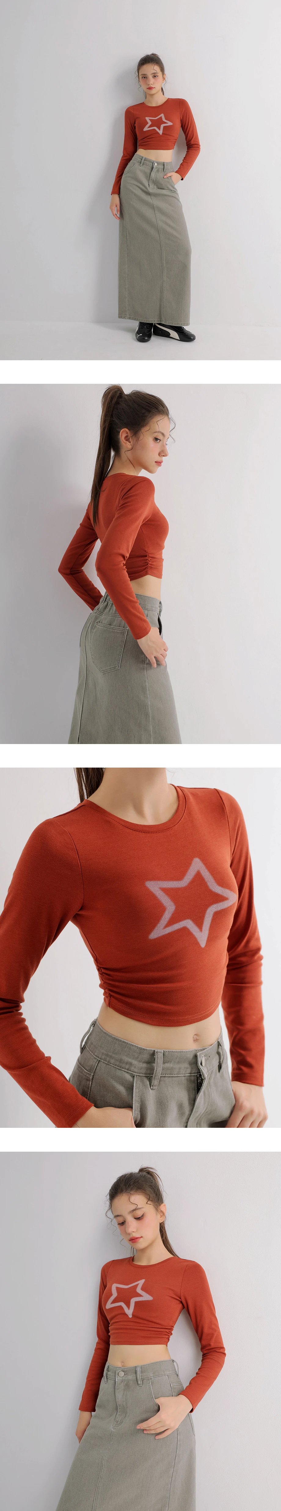 Contrast Star Motif Fitted Long Sleeve Crop Top Contrast Star Motif Fitted Long Sleeve Crop Top