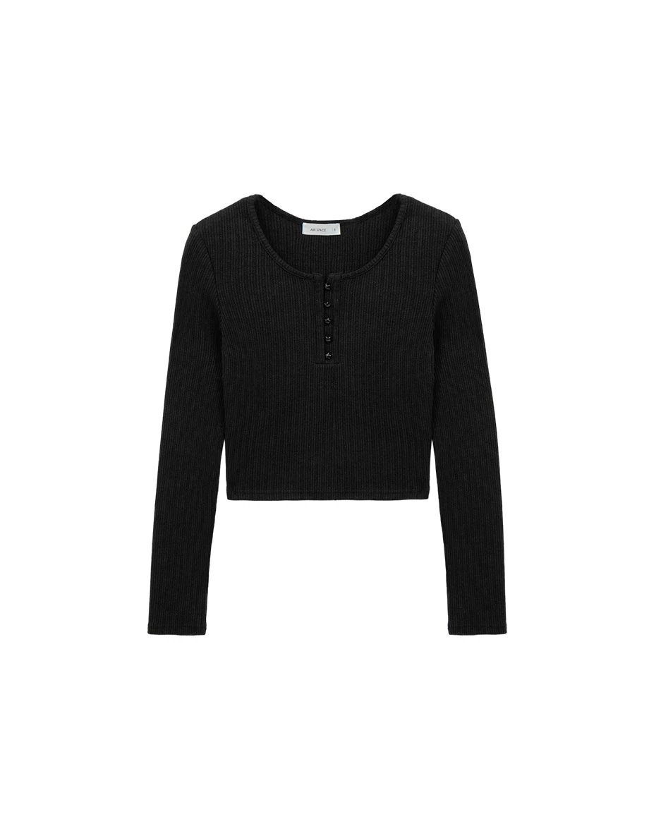 Star Button Split Neck Ribbed Knit Long Sleeve Henley Top