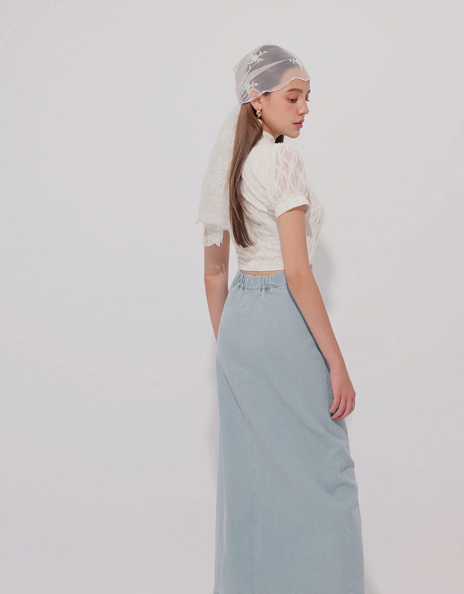 Qipao Skirt High Waist Side Slit Jeans Denim Cheongsam Qipao Maxi Skirt with Knot Button Detail