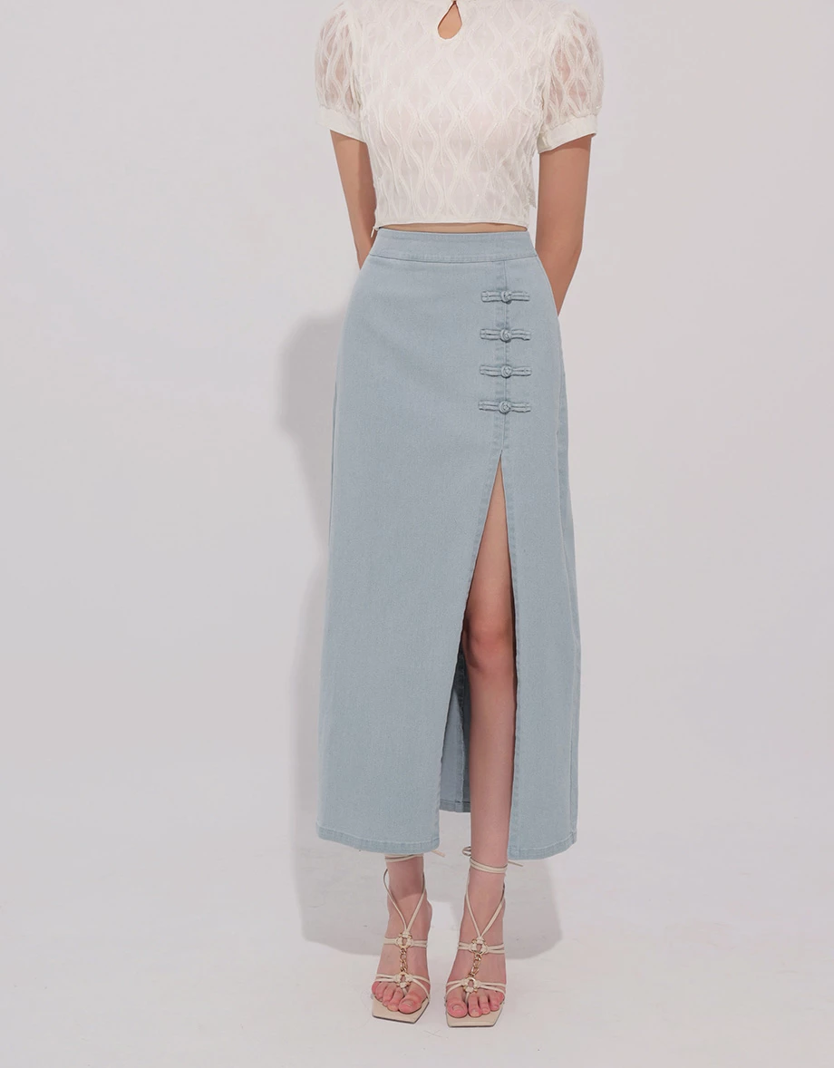 Qipao Skirt High Waist Side Slit Jeans Denim Cheongsam Qipao Maxi Skirt with Knot Button Detail