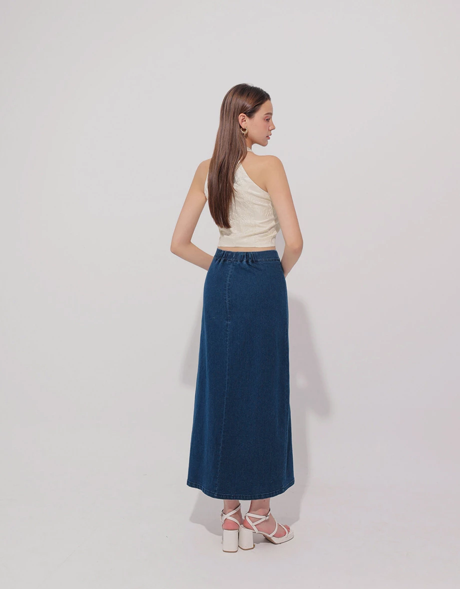 Qipao Skirt High Waist Side Slit Jeans Denim Cheongsam Qipao Maxi Skirt with Knot Button Detail