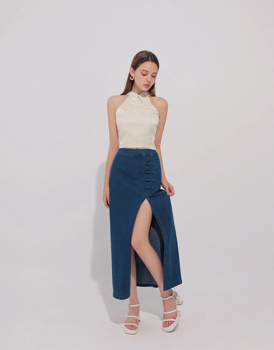 Qipao Skirt High Waist Side Slit Jeans Denim Cheongsam Qipao Maxi Skirt with Knot Button Detail