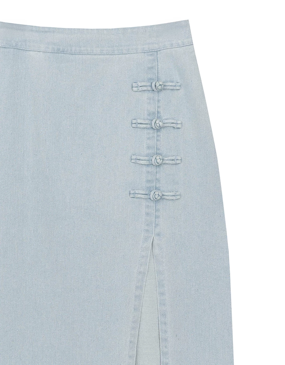 Qipao Skirt High Waist Side Slit Jeans Denim Cheongsam Qipao Maxi Skirt with Knot Button Detail Qipao Skirt High Waist Side Slit Jeans Denim Cheongsam Qipao Maxi Skirt with Knot Button Detail
