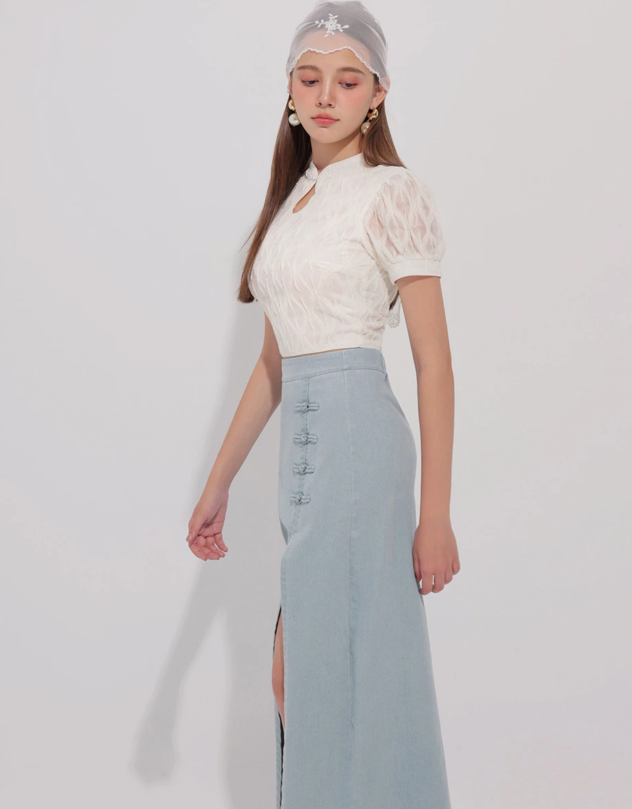 Qipao Skirt High Waist Side Slit Jeans Denim Cheongsam Qipao Maxi Skirt with Knot Button Detail