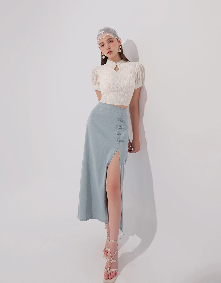 Qipao Skirt High Waist Side Slit Jeans Denim Cheongsam Qipao Maxi Skirt with Knot Button Detail