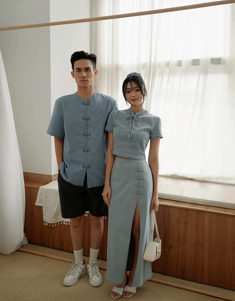 Denim Family CNY Womens SKIRT Qipao Waist Side Slit Jeans Denim Cheongsam Qipao Maxi Skirt