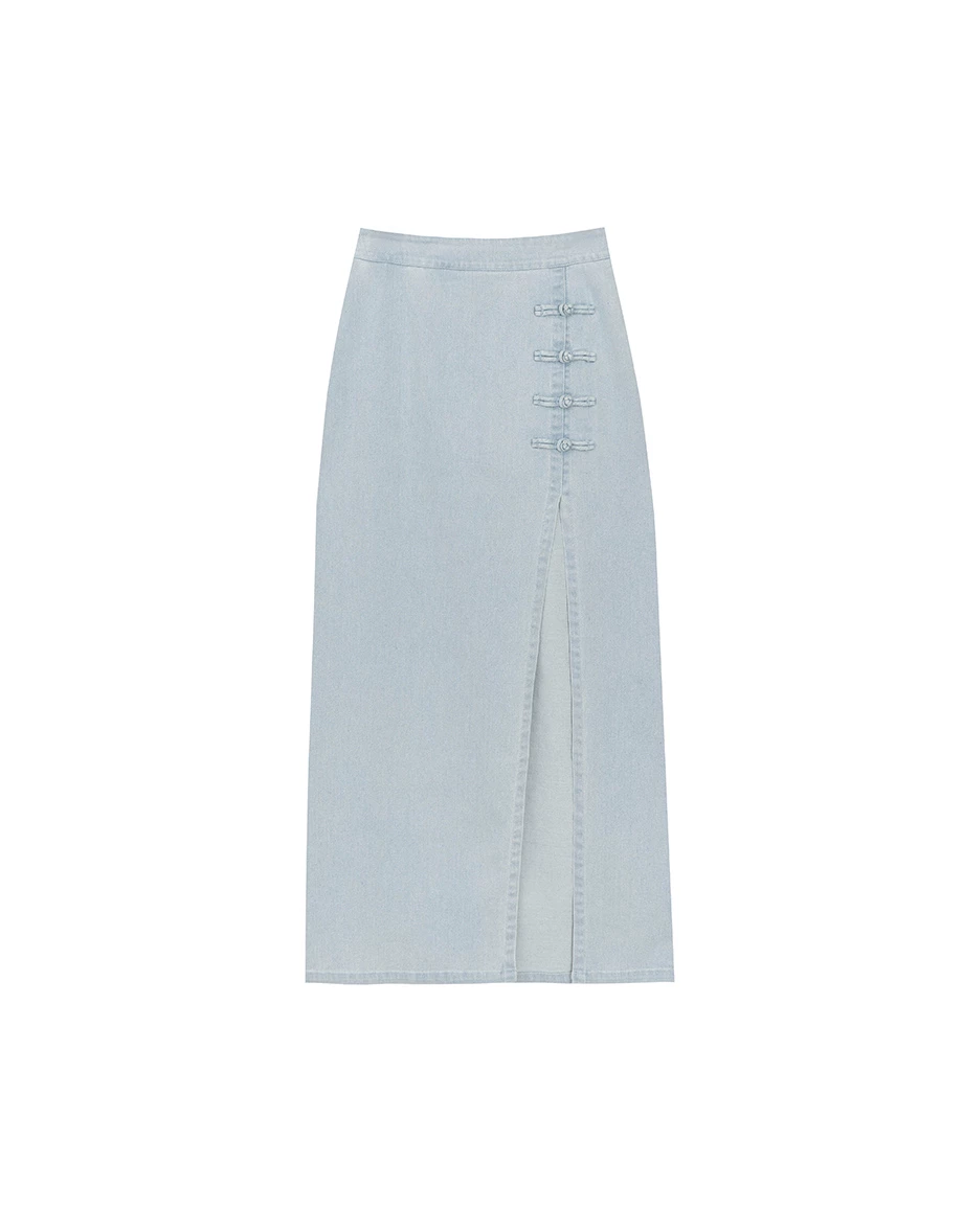 Qipao Skirt High Waist Side Slit Jeans Denim Cheongsam Qipao Maxi Skirt with Knot Button Detail