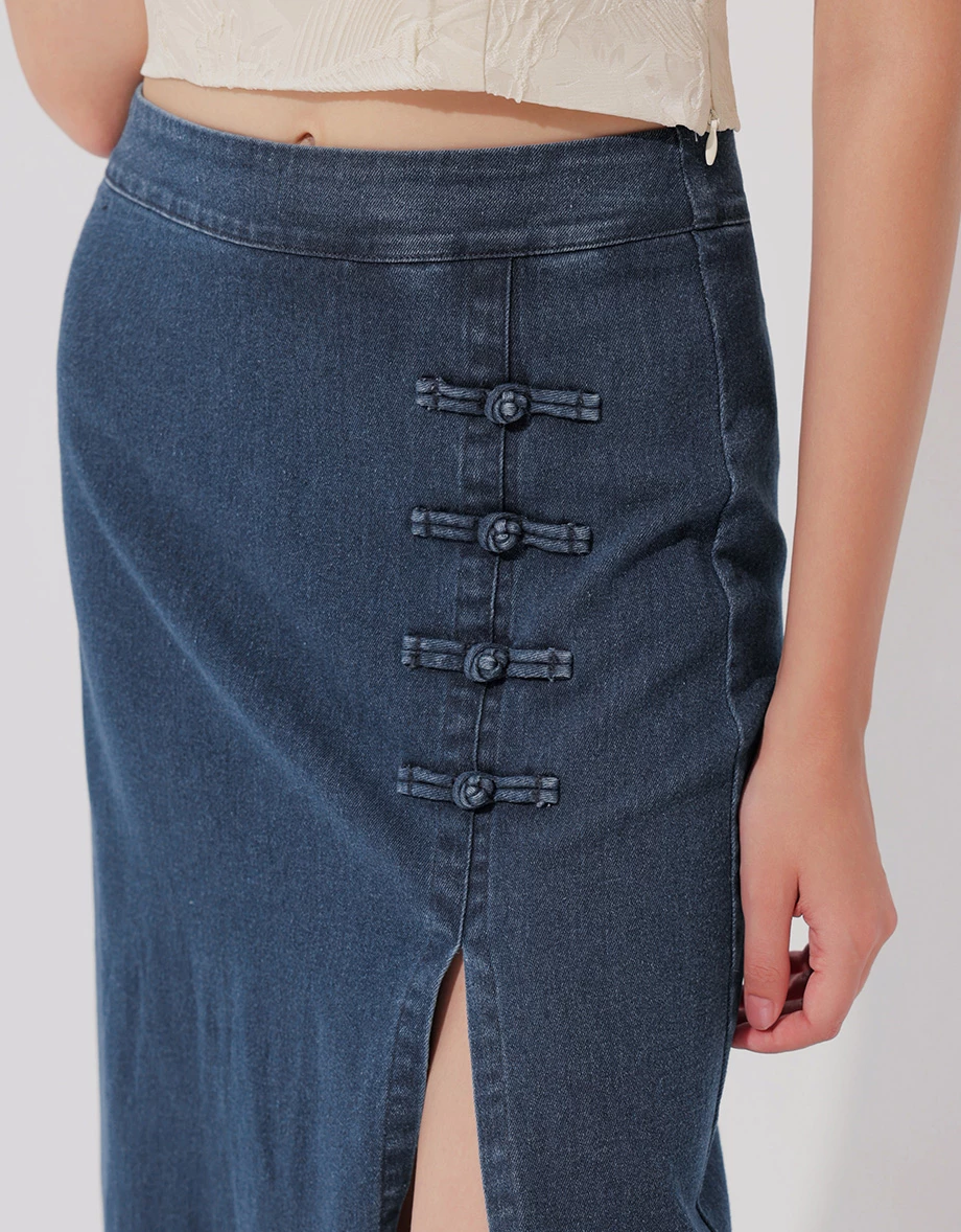 Qipao Skirt High Waist Side Slit Jeans Denim Cheongsam Qipao Maxi Skirt with Knot Button Detail