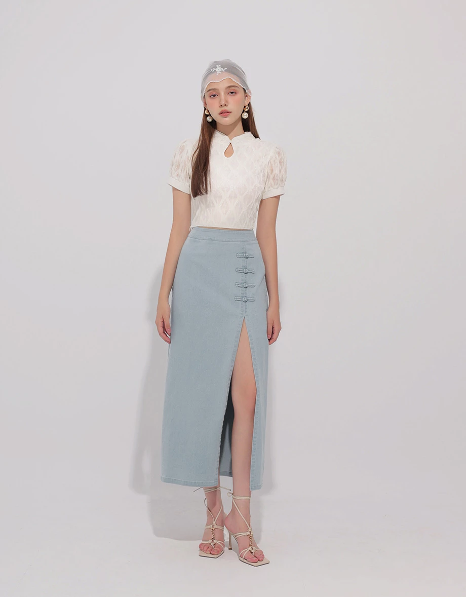 Qipao Skirt High Waist Side Slit Jeans Denim Cheongsam Qipao Maxi Skirt with Knot Button Detail