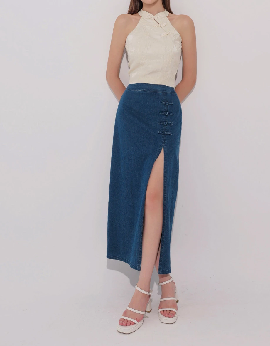 Qipao Skirt High Waist Side Slit Jeans Denim Cheongsam Qipao Maxi Skirt with Knot Button Detail