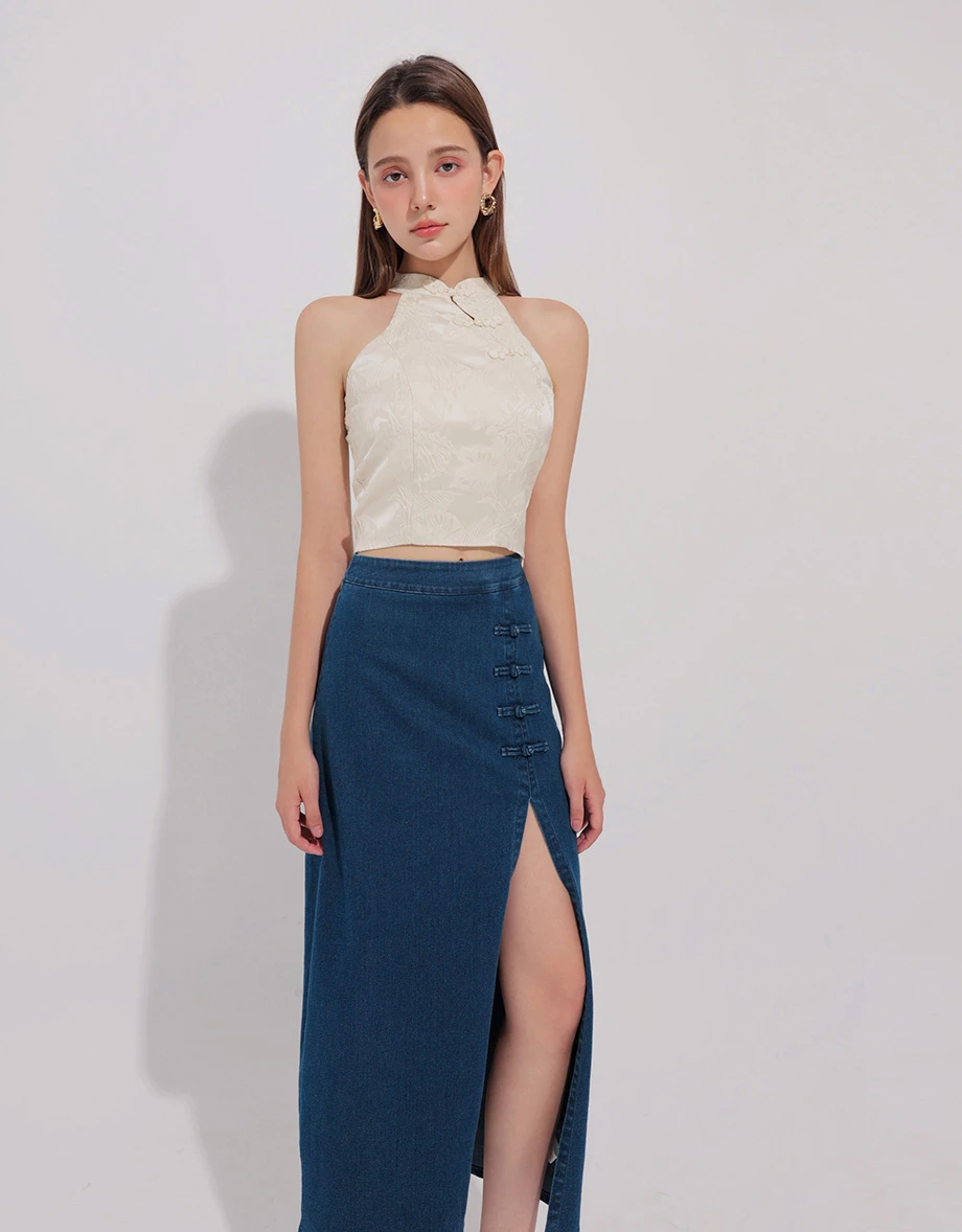Qipao Skirt High Waist Side Slit Jeans Denim Cheongsam Qipao Maxi Skirt with Knot Button Detail