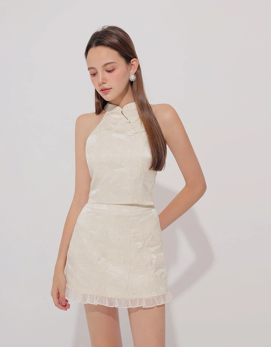 Qipao Skirt Floral Jacquard Design Cheongsam Qipao Mini Skirt with Ruffle Hem Qipao Skirt Floral Jacquard Design Cheongsam Qipao Mini Skirt with Ruffle Hem