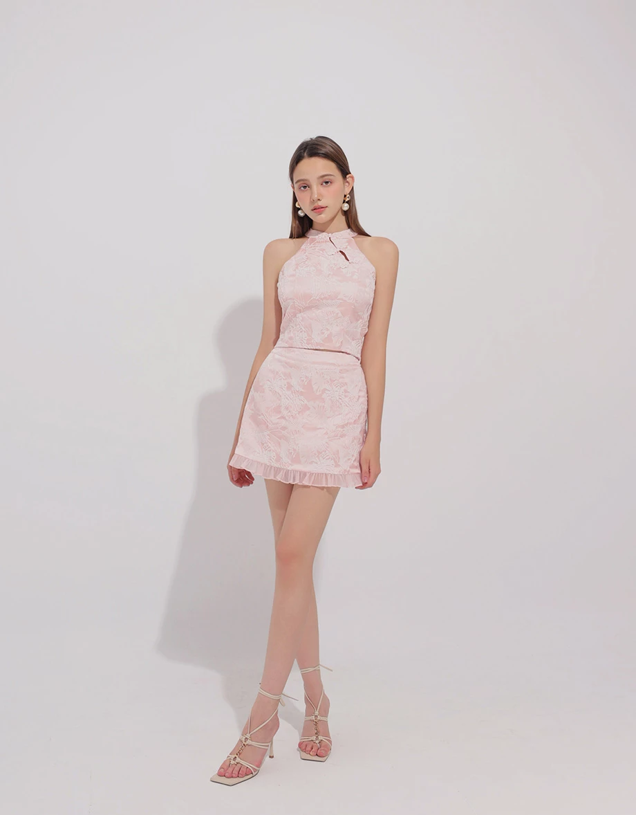 旗袍立體緹花荷葉邊短裙