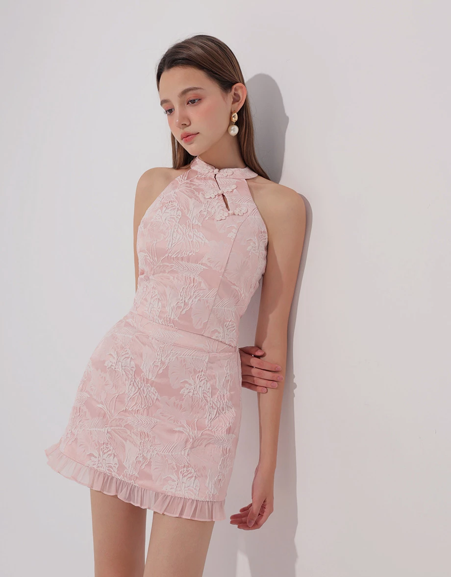 旗袍立體緹花荷葉邊短裙