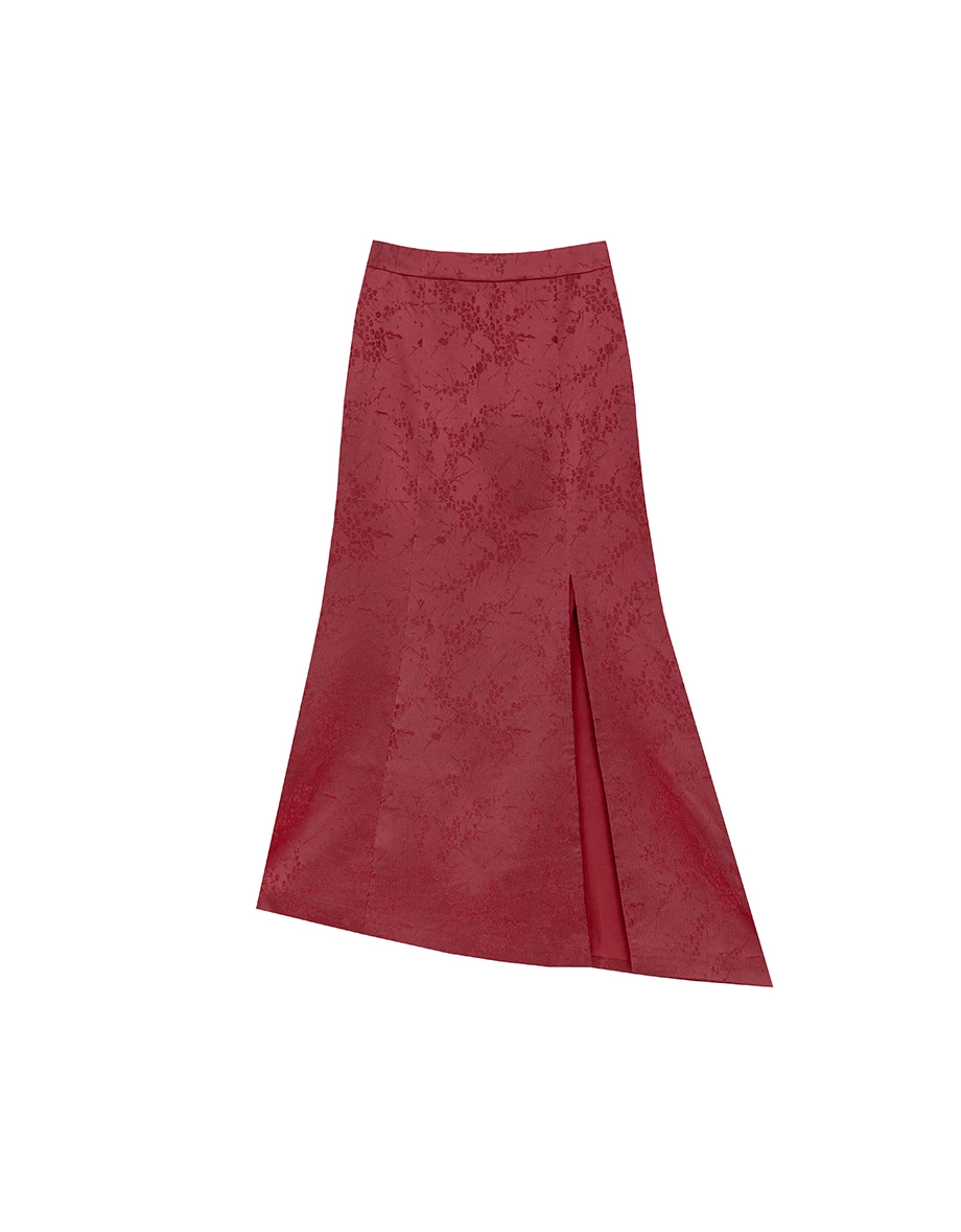 【Michie Design】Skirt Maxi Qipao Potongan Duyung Pinggang Tinggi Corak Jacquard Bunga Satin M03