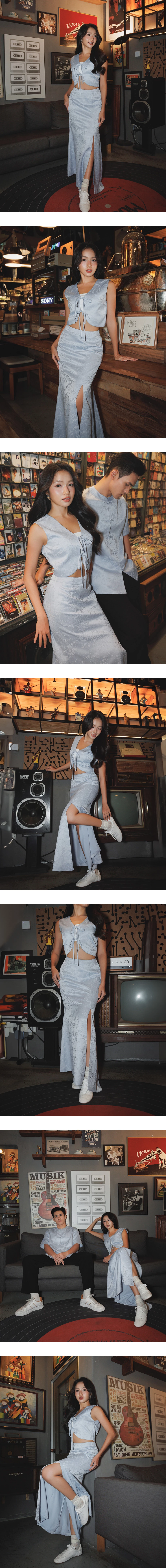 【Michie Design】Skirt Maxi Qipao Potongan Duyung Pinggang Tinggi Corak Jacquard Bunga Satin M03