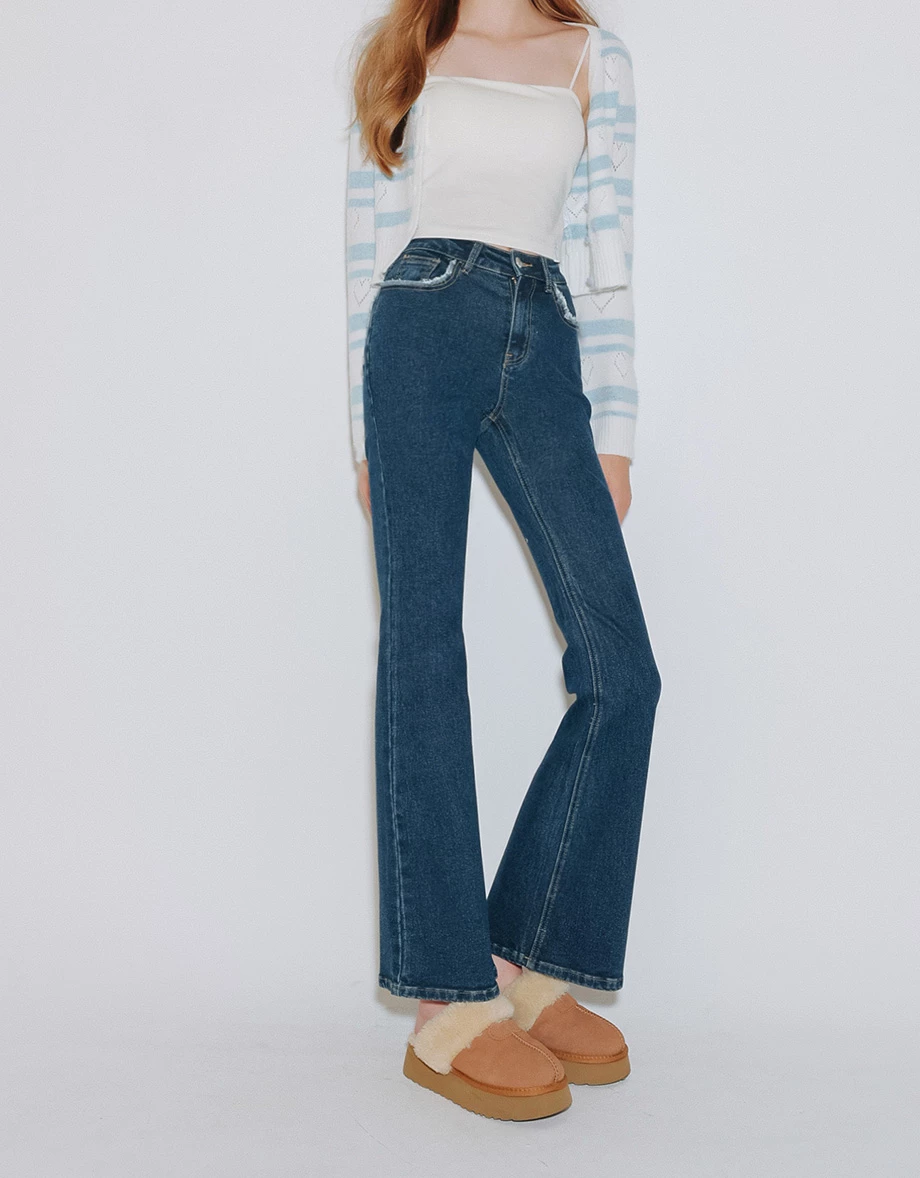 Classic High Waist Frayed Edge Flared Jeans Denim Pants