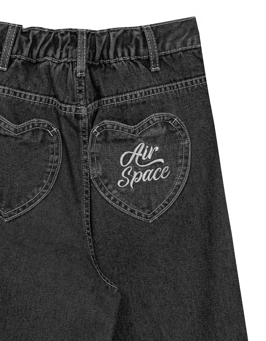 AIR SPACE Logo Heart Pocket High Waist Jeans Denim Wide Leg Pants