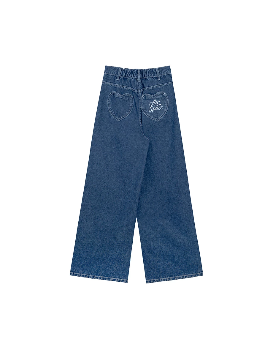 AIR SPACE Logo Heart Pocket High Waist Jeans Denim Wide Leg Pants