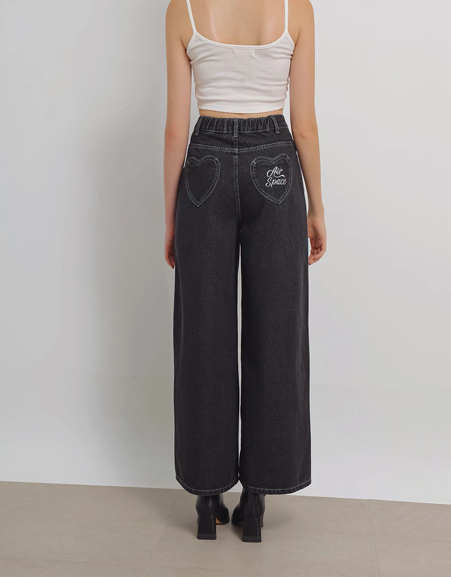 AIR SPACE Logo Heart Pocket High Waist Jeans Denim Wide Leg Pants