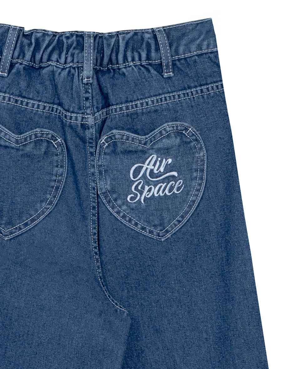 AIR SPACE Logo Heart Pocket High Waist Jeans Denim Wide Leg Pants