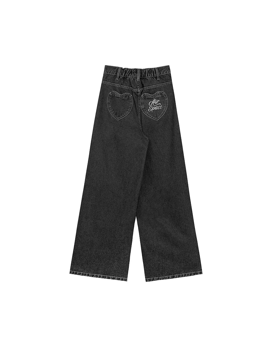 AIR SPACE Logo Heart Pocket High Waist Jeans Denim Wide Leg Pants