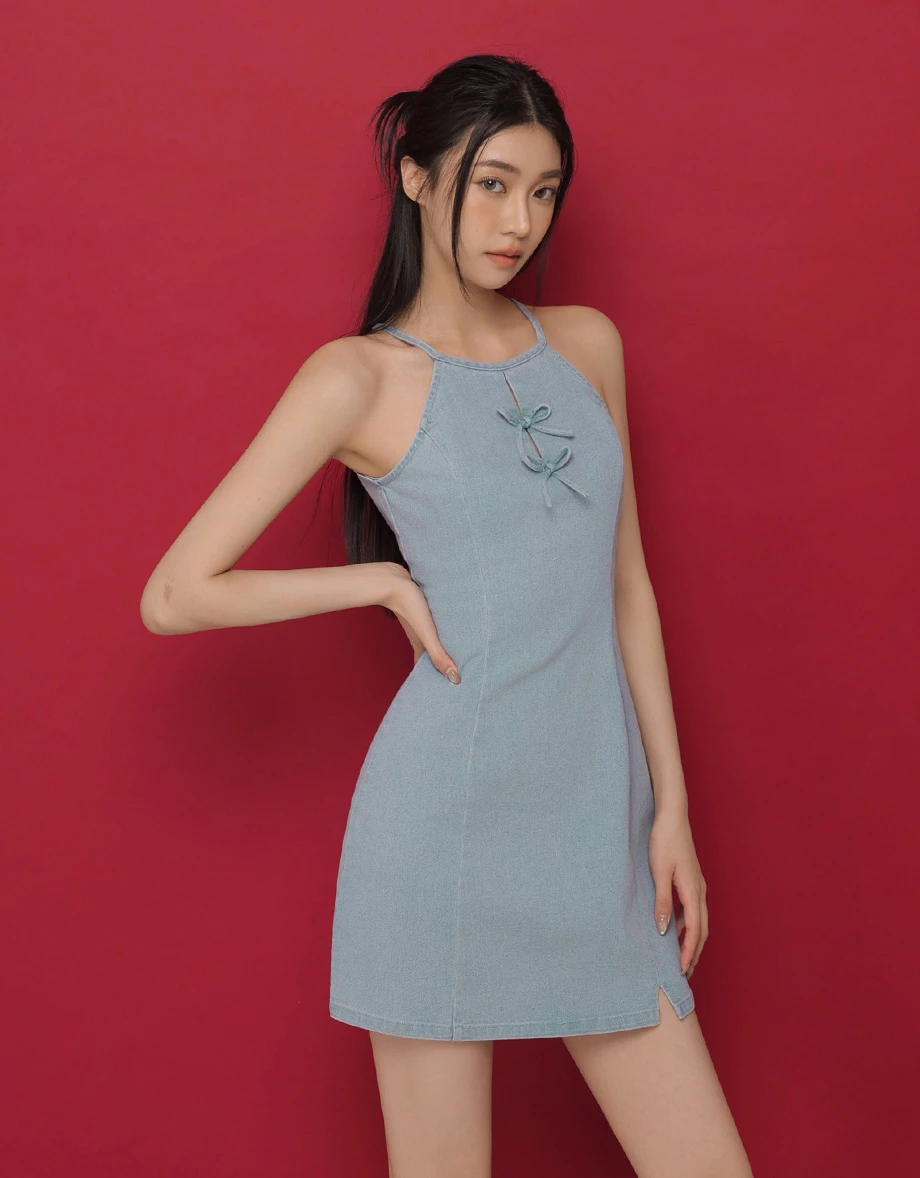 CNY CHEONGSAM QIPAO Dress Jeans Denim Cheongsam Qipao Halter Mini Dress with Bow Tie Detail CNY CHEONGSAM QIPAO Dress Jeans Denim Cheongsam Qipao Halter Mini Dress with Bow Tie Detail