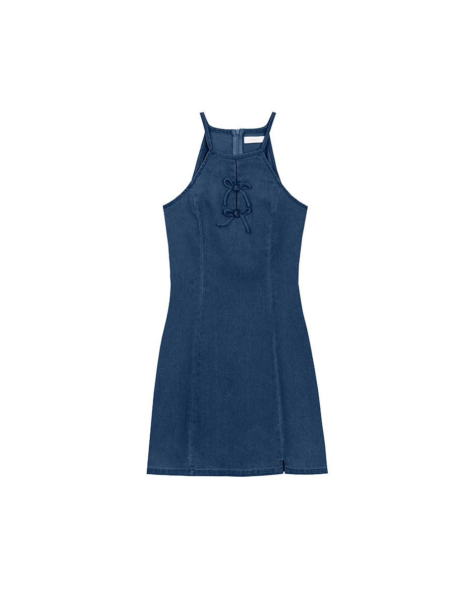 Qipao Dress Jeans Denim Cheongsam Qipao Halter Mini Dress with Bow Tie Detail Qipao Dress Jeans Denim Cheongsam Qipao Halter Mini Dress with Bow Tie Detail