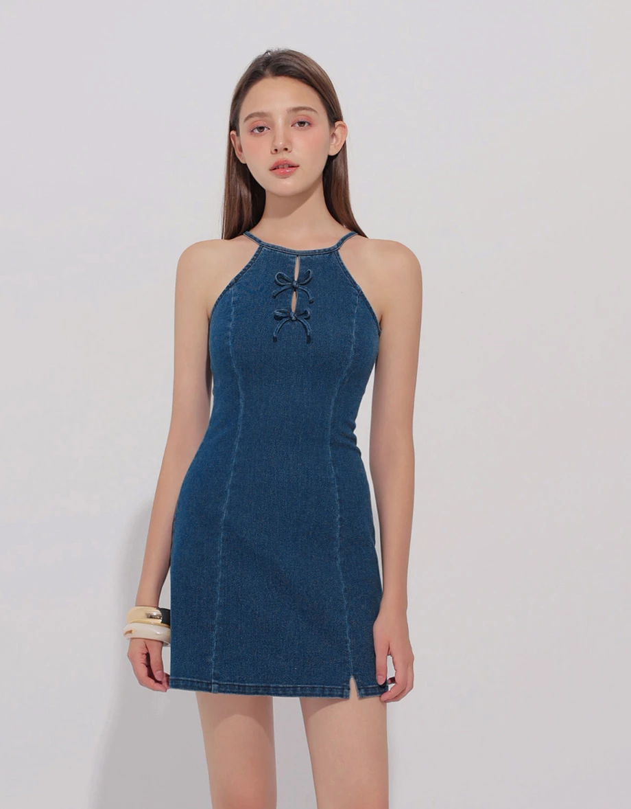 Qipao Dress Jeans Denim Cheongsam Qipao Halter Mini Dress with Bow Tie Detail Qipao Dress Jeans Denim Cheongsam Qipao Halter Mini Dress with Bow Tie Detail