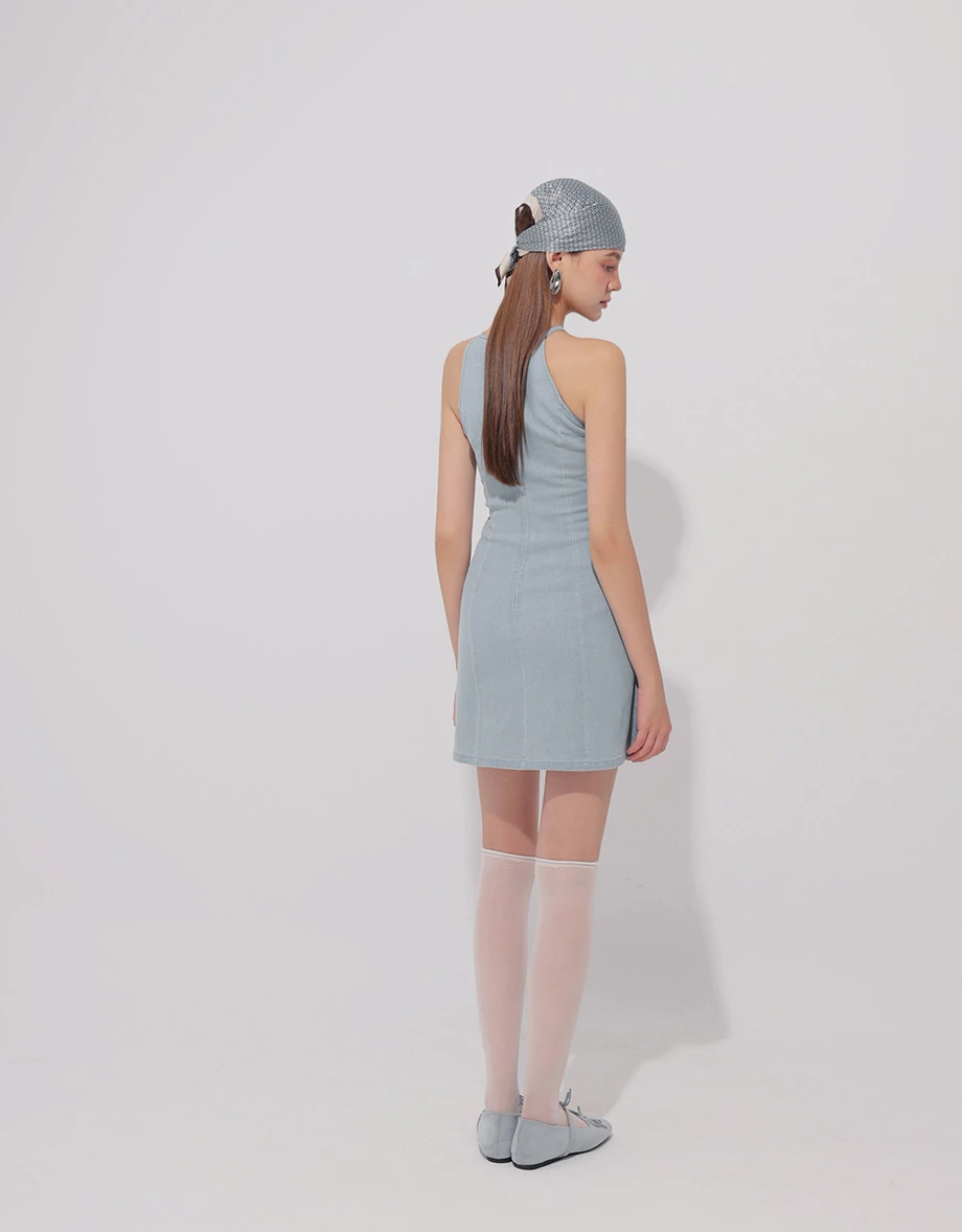 Qipao Dress Jeans Denim Cheongsam Qipao Halter Mini Dress with Bow Tie Detail Qipao Dress Jeans Denim Cheongsam Qipao Halter Mini Dress with Bow Tie Detail