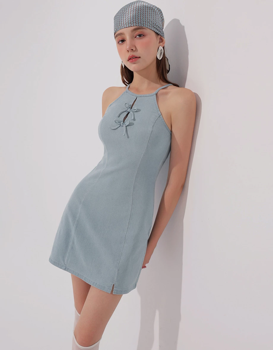 Qipao Dress Jeans Denim Cheongsam Qipao Halter Mini Dress with Bow Tie Detail Qipao Dress Jeans Denim Cheongsam Qipao Halter Mini Dress with Bow Tie Detail