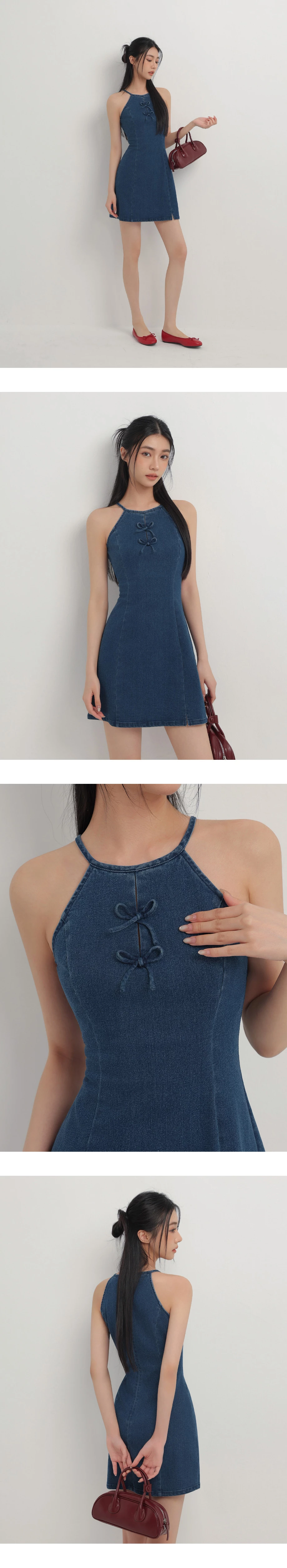 CNY CHEONGSAM QIPAO Dress Jeans Denim Cheongsam Qipao Halter Mini Dress with Bow Tie Detail CNY CHEONGSAM QIPAO Dress Jeans Denim Cheongsam Qipao Halter Mini Dress with Bow Tie Detail