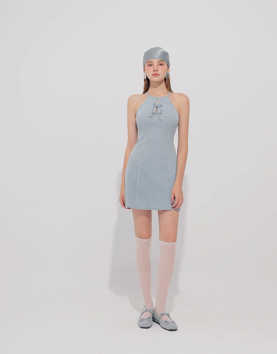 Qipao Dress Jeans Denim Cheongsam Qipao Halter Mini Dress with Bow Tie Detail Qipao Dress Jeans Denim Cheongsam Qipao Halter Mini Dress with Bow Tie Detail