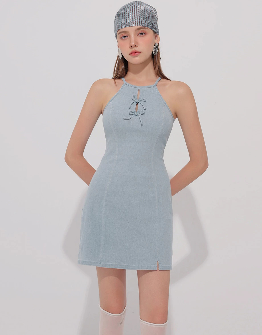 Qipao Dress Jeans Denim Cheongsam Qipao Halter Mini Dress with Bow Tie Detail Qipao Dress Jeans Denim Cheongsam Qipao Halter Mini Dress with Bow Tie Detail