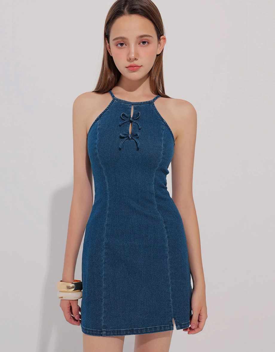 Qipao Dress Jeans Denim Cheongsam Qipao Halter Mini Dress with Bow Tie Detail Qipao Dress Jeans Denim Cheongsam Qipao Halter Mini Dress with Bow Tie Detail
